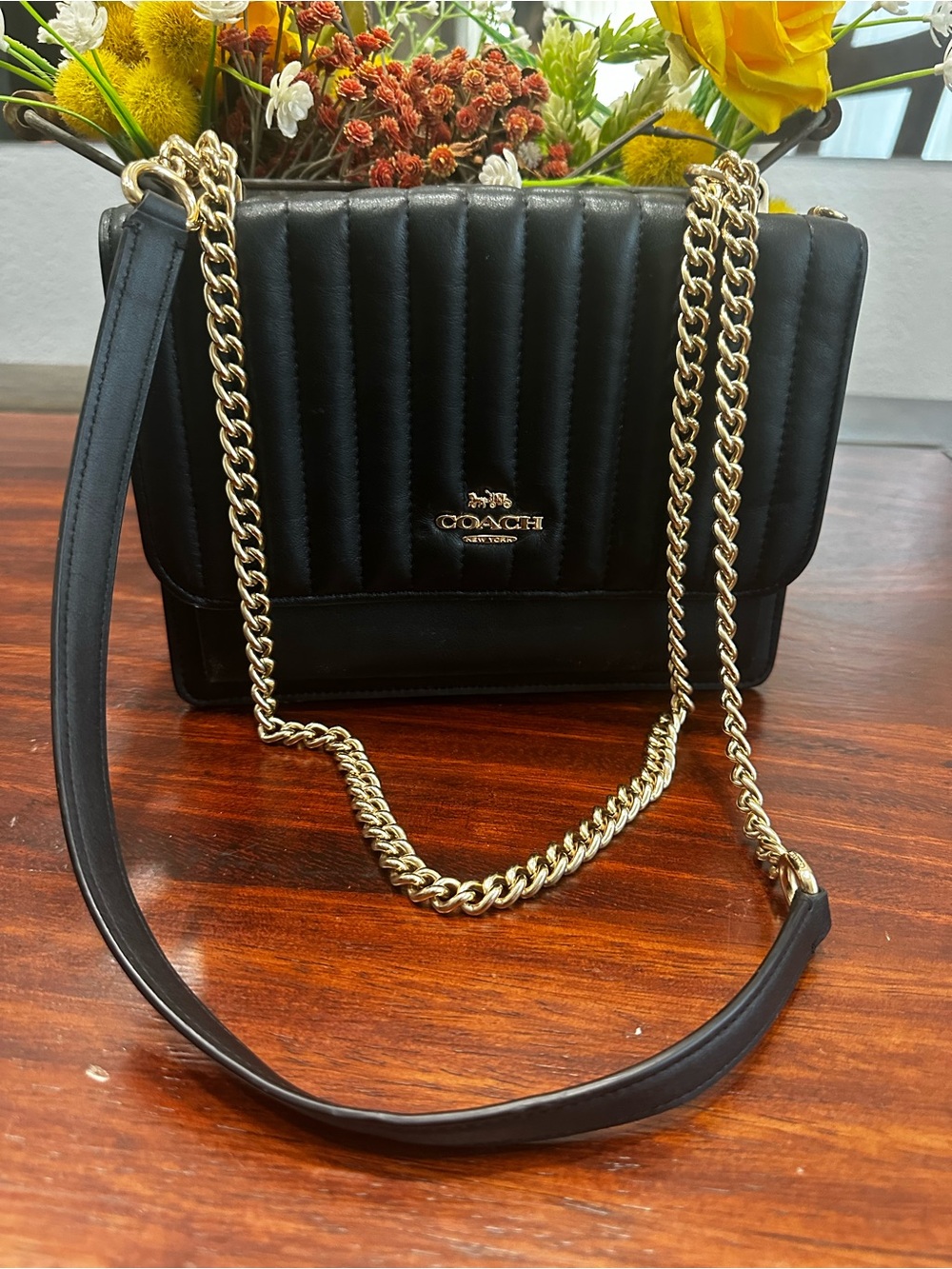 Coach Quilted Black Leather Crossbody Bag with Gold Chain